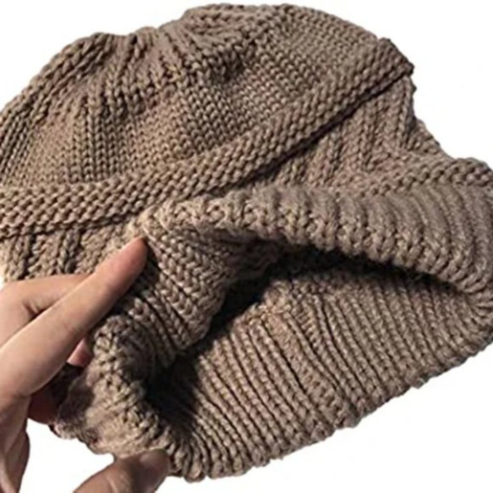 Brown Knit Warm Solid Beige Ponytail Beanie Hat - Picture 5 of 8